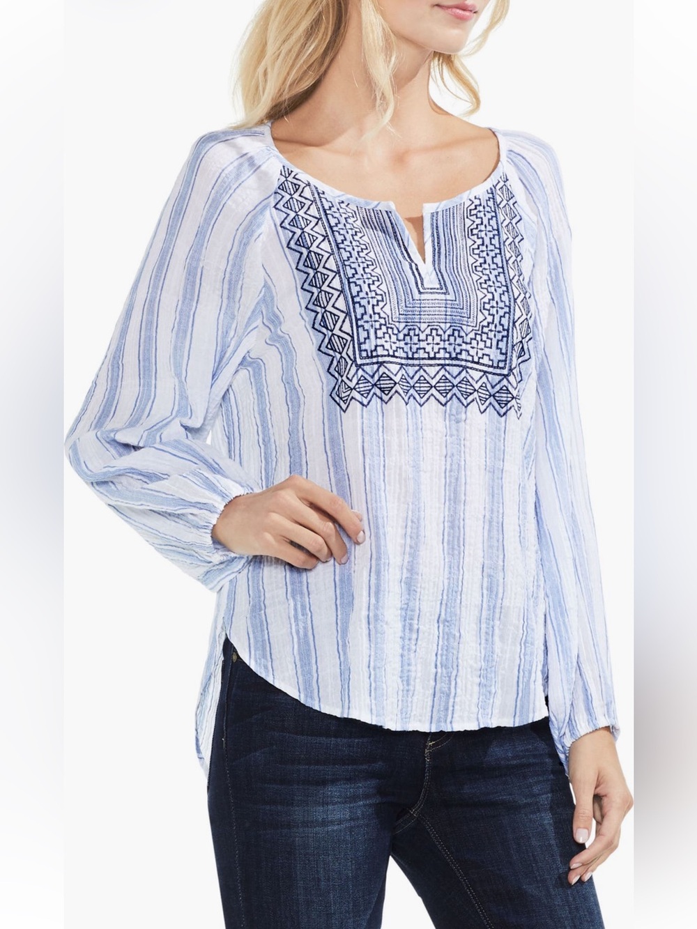 Vince Camuto Stripe Pucker Peasant Long Sleeve Blouse
